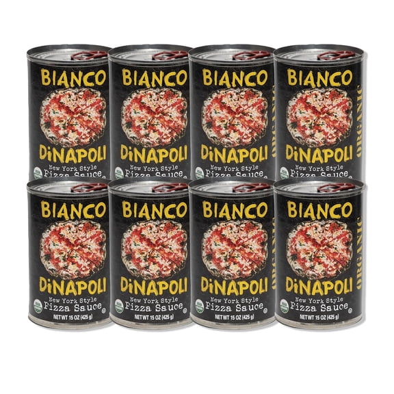 Bianco DiNapoli Organic New York Style Pizza Sauce - Vine Ripened California Grown Tomatoes - Made with Organic Garlic, Basil, Tomatoes & Extra Virgin Olive Oil - Canned Fresh - 15 oz, 8 Pack