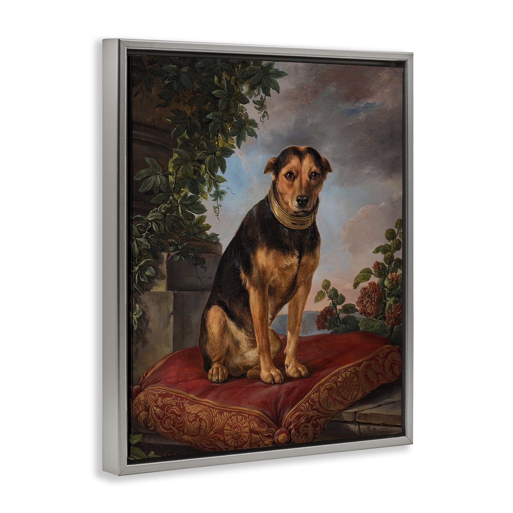 Stupell Industries Historical Dog on Cushion Gray Framed Floater Canvas Wall Art, design by Lil' Rue