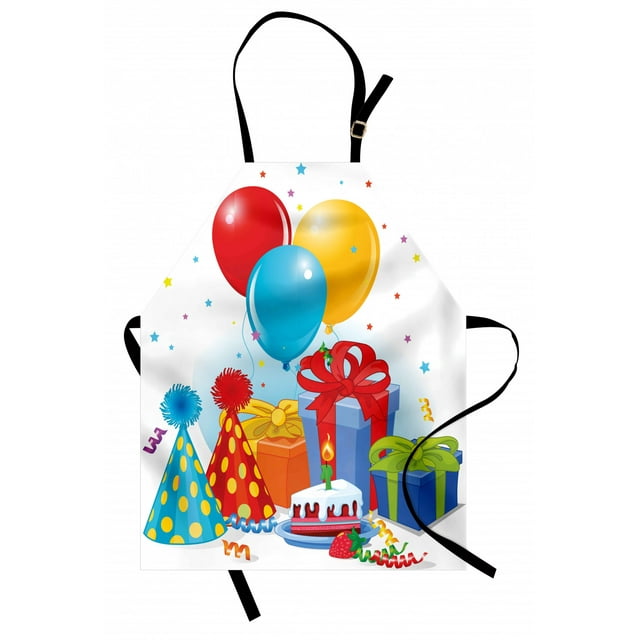 Birthday Apron Multicolor Slice of Strawberry Pie Party Set Up with Hats Balloons Presents Stars, Unisex Kitchen Bib Apron with Adjustable Neck for Cooking Baking Gardening, Multicolor, by Ambesonne