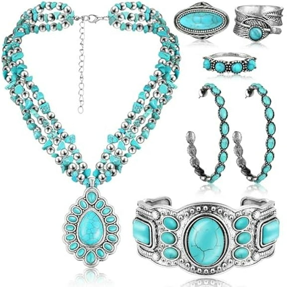 ZC Bohemian Western Jewelry Turquoise Set Women Bohemian Pendant Long Choker Layered Bracelets Earrings Ring for Women