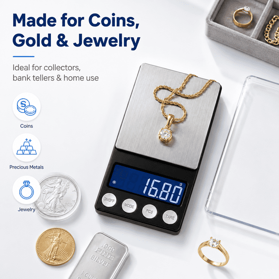 Digital Coin Scale, 200g x 0.01g Small Digital Scale with LCD Display, Jewelry Scale for Coins, Gold, Silver, Jewelry and Home Use, Includes Calibration Weight and Protective Cover