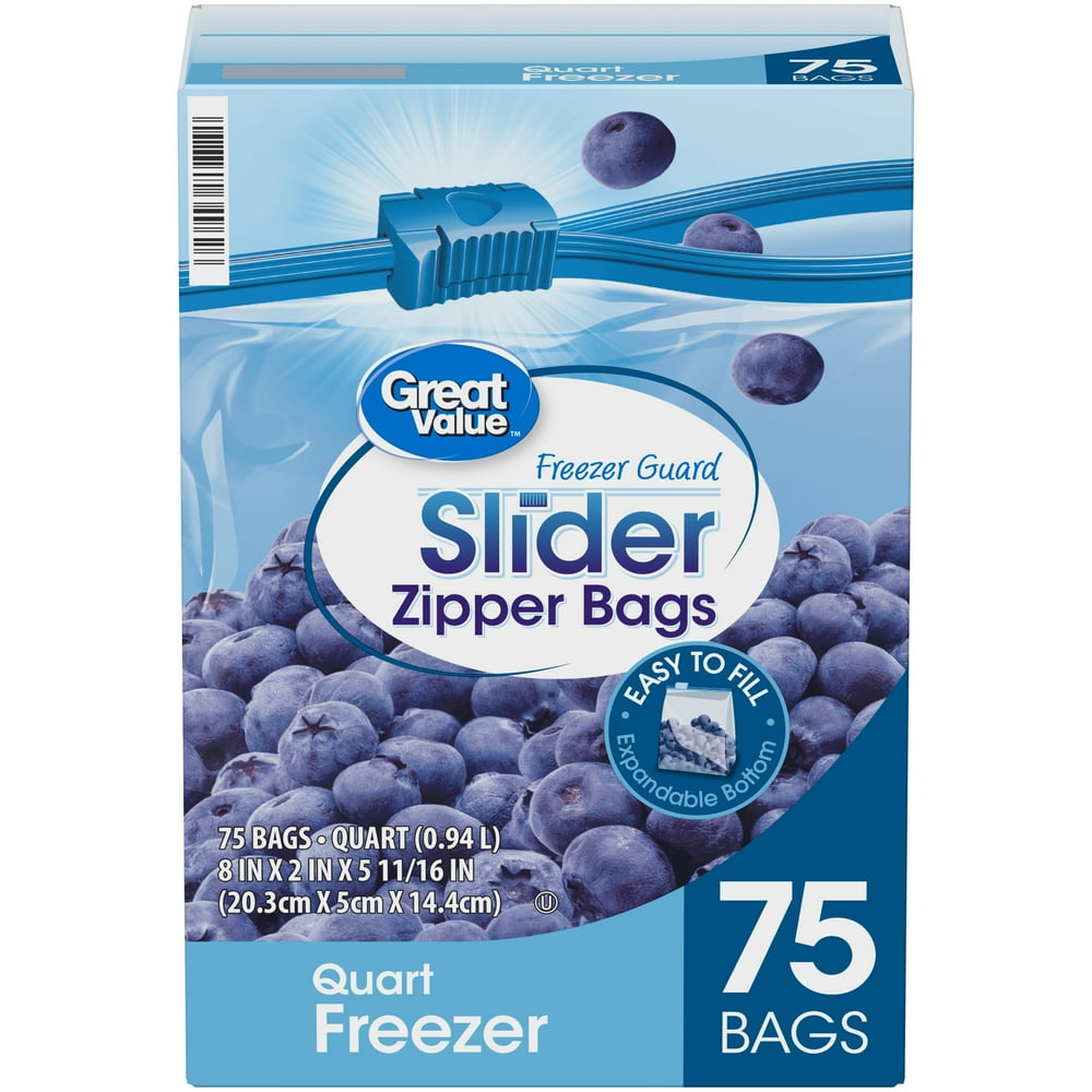 Great Value Freezer Guard Slider Zipper Quart Storage Bags, 75 count