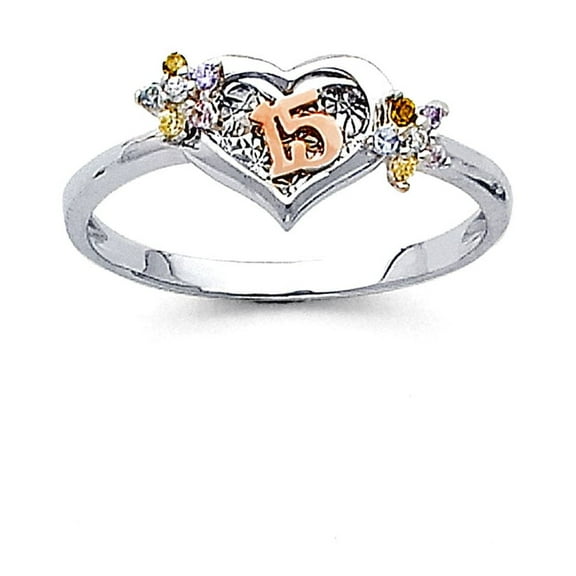 14k White Gold Quinceanera Sweet 15 Years Love Heart Cubic Zirconia Ring Size 7 Statement Ring for Women