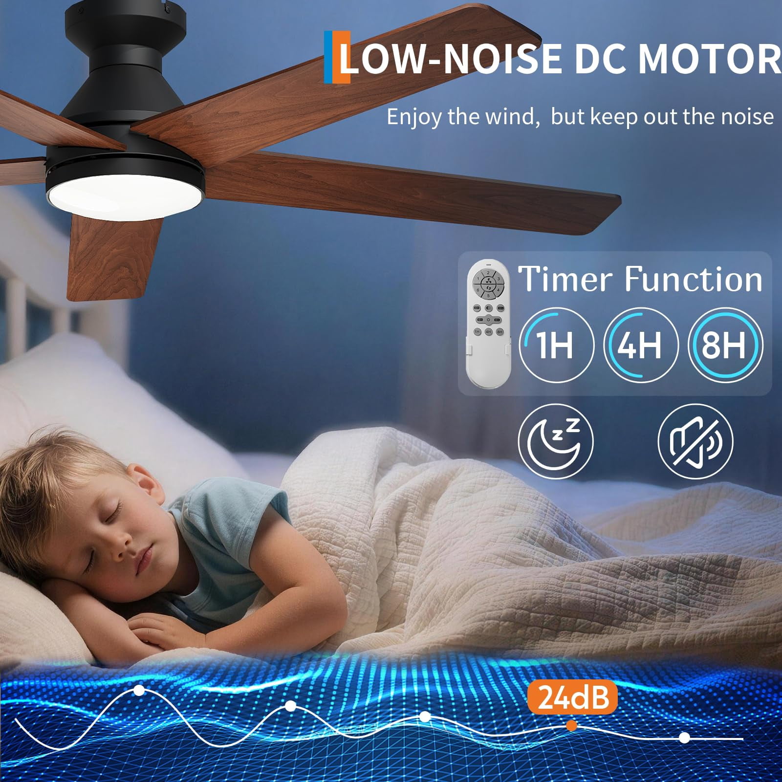 42 Inch Low Profile Ceiling Fan with Light and Remote – Modern Flush Mount DC Motor LED Dimmable 5-Blade Fan for Bedroom Living Room