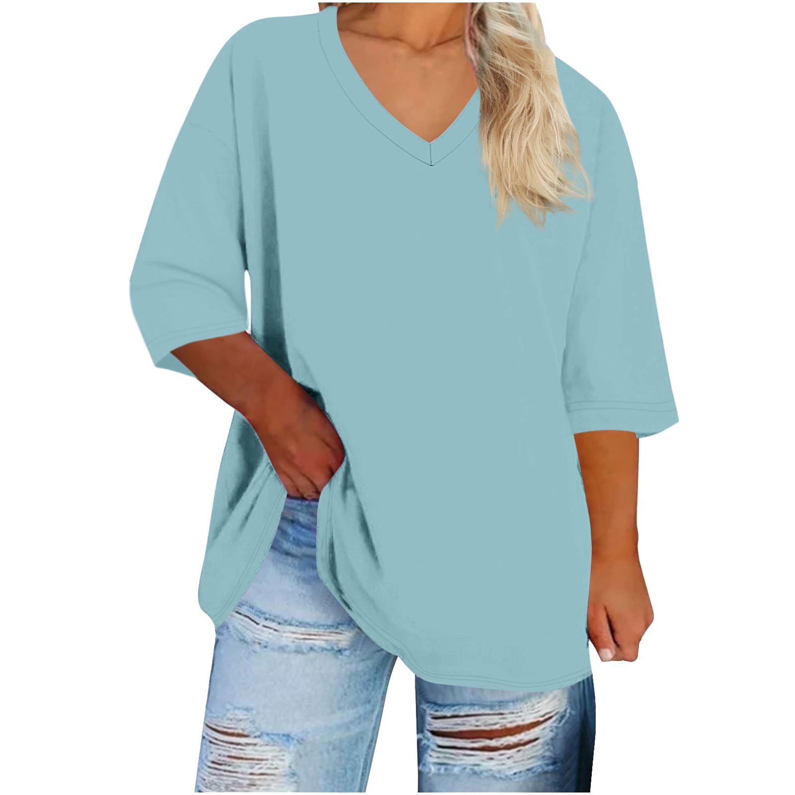 2 Pack 3/4 Sleeve Tops for Women Plus Size XL-5X V Neck T Shirts Womens Casual Solid Color Loose Pullover Breathable Basic Athletic Workout Tees Top