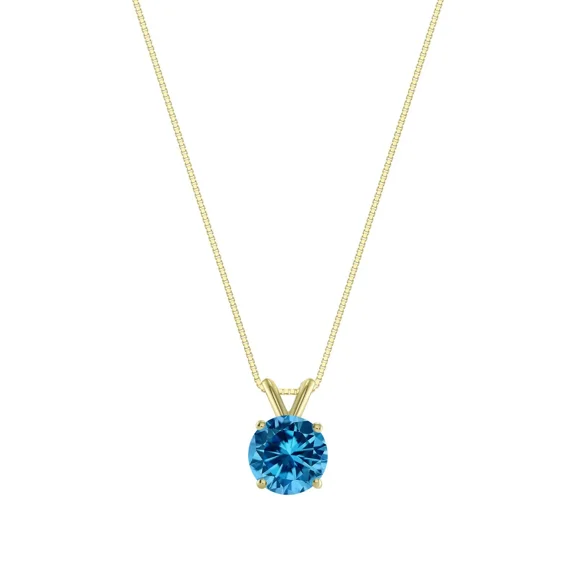 14K Yellow Gold Plated 1Ct Round Cut Lab Created Blue Diamond Solitaire Pendant Necklace 18"