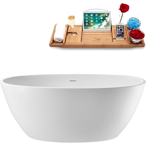 59" Streamline G-61-256-BGL Soaking Glossy White Freestanding Tub and Tray With Internal Drain in Brushed Gold
