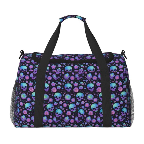 Disketp purple Skull flower Bolsa de Viaje Tipo Duffle, Bolso de Mano para Fin de Semana para Mujer, Bolsa de Gimnasio Ligera para Hombre, Esencial para Viajes