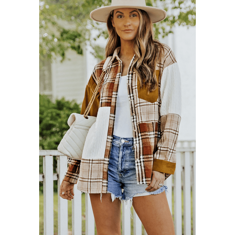 Orange Plaid Color Block Patchwork Shirt Jacket with Pocket