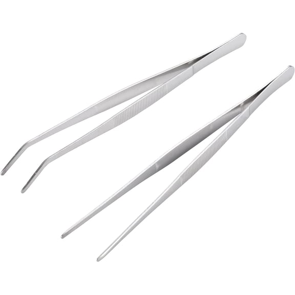 Long Handle Stainless Steel Straight and Curv Tweezers Nippers,Silver,2 Pieces