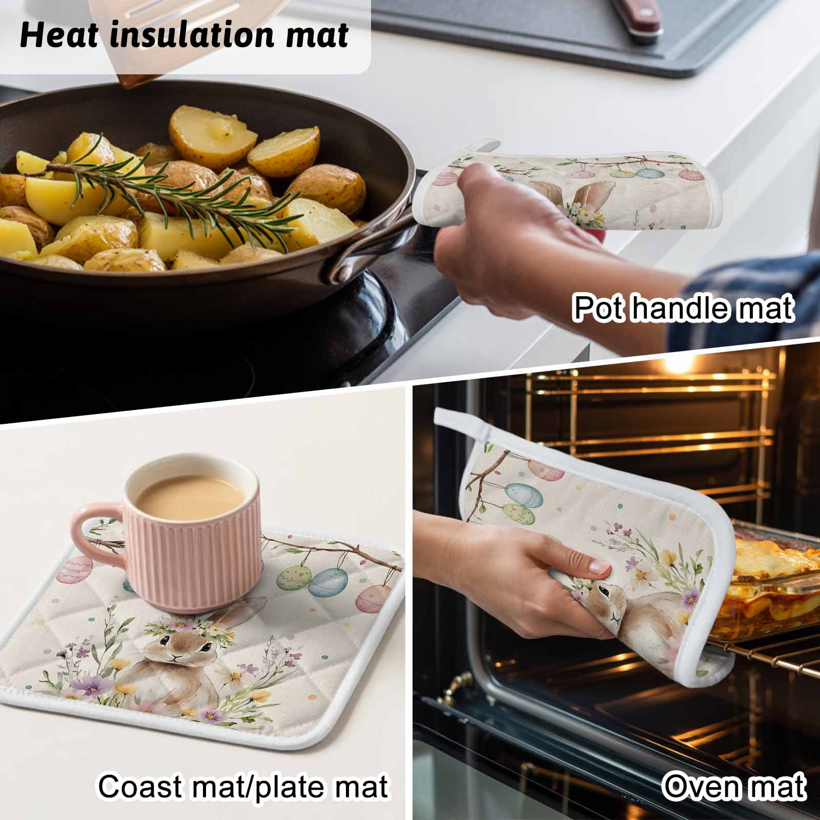 Bunny Easter Pot Holders for Kitchen Heatproof Potholder, 4 Pack Colorful Eggs Spring Floral Rustic Hot Pads Multipurpose Oven Pads Cloth Potholders Trivet for Cooking and Baking