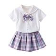 thumbnail image 4 of Girls Skirt Set Plaid School Uniforms 2 Piece Outfits Short Sleeve Bowtie Collared Shirts Pleated Skirts Purple, 3 Years, 4 of 7