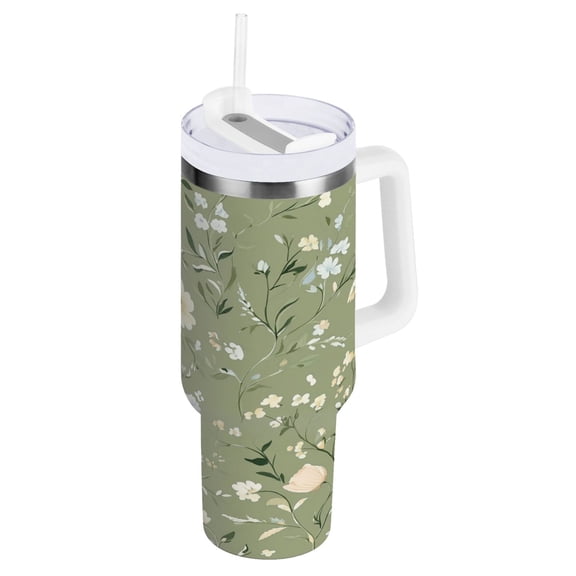 40 oz Stainless Steel Tumbler Vacuum Insulated Leak Proof Stainless Steel Coffee Cup Water Bottles Green White Flower