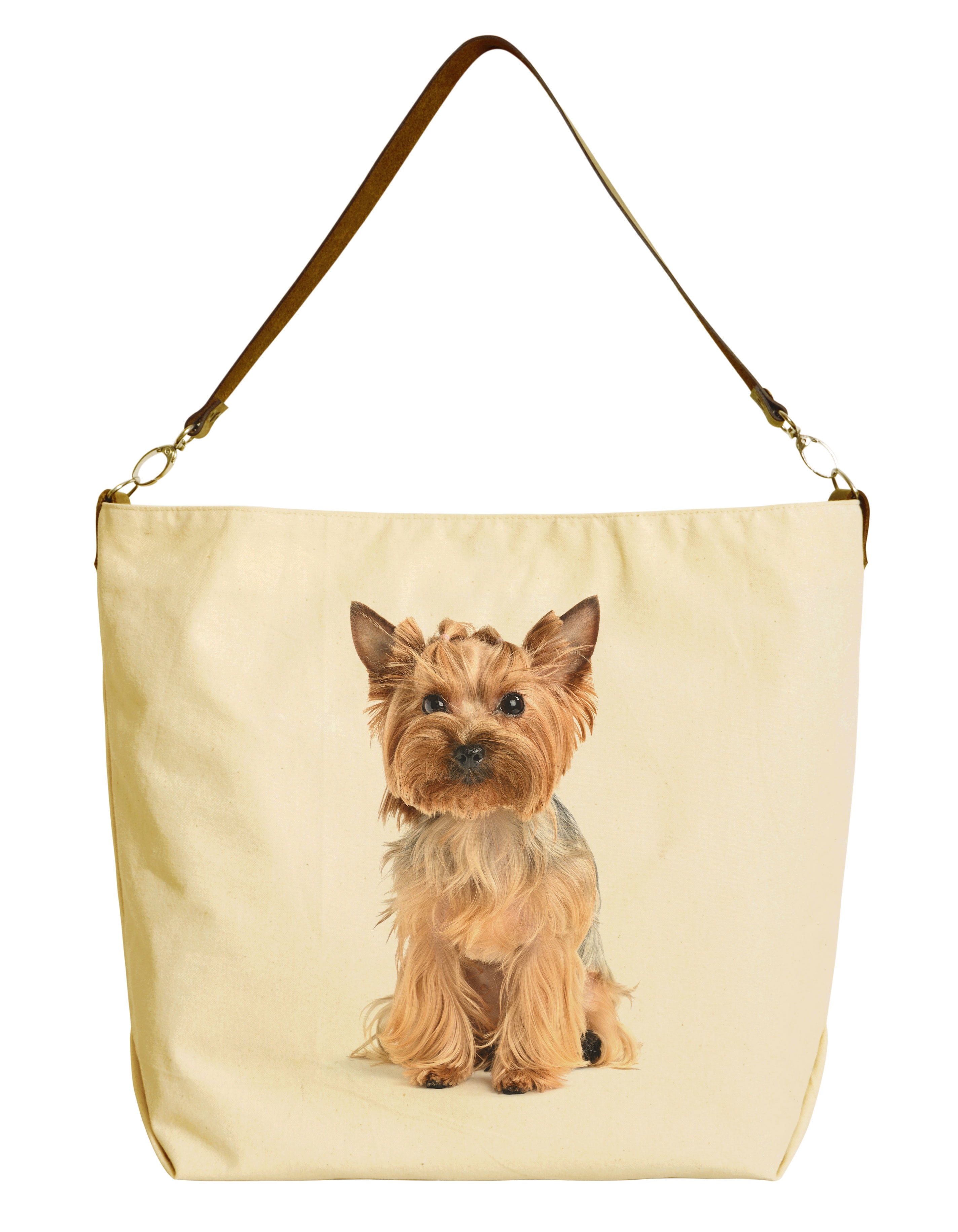 Puppy Yorkshire Terrier1 Beige Print Canvas Tote Bag with Leather