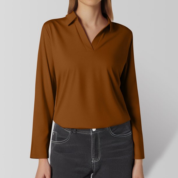 MHFRRA Camiseta de Manga Larga con Cuello En V y Solapa para Mujer, Color Liso, Talla 4 Marrón