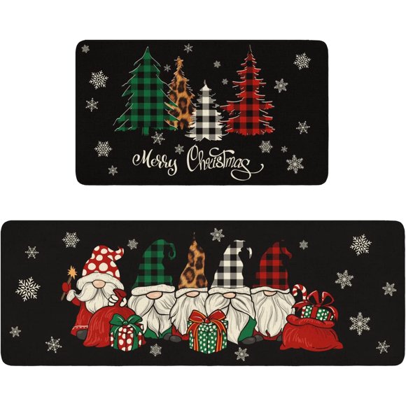Buffalo Plaid Gnome Merry Christmas Tree Kitchen Rugs and Mats Set 2 Piece for Floor Snow Xmas Winter Holiday Non Slip Low-Profile Sink Rug Mat Decorations for Home Kitchen 18"x48"+18"x30"