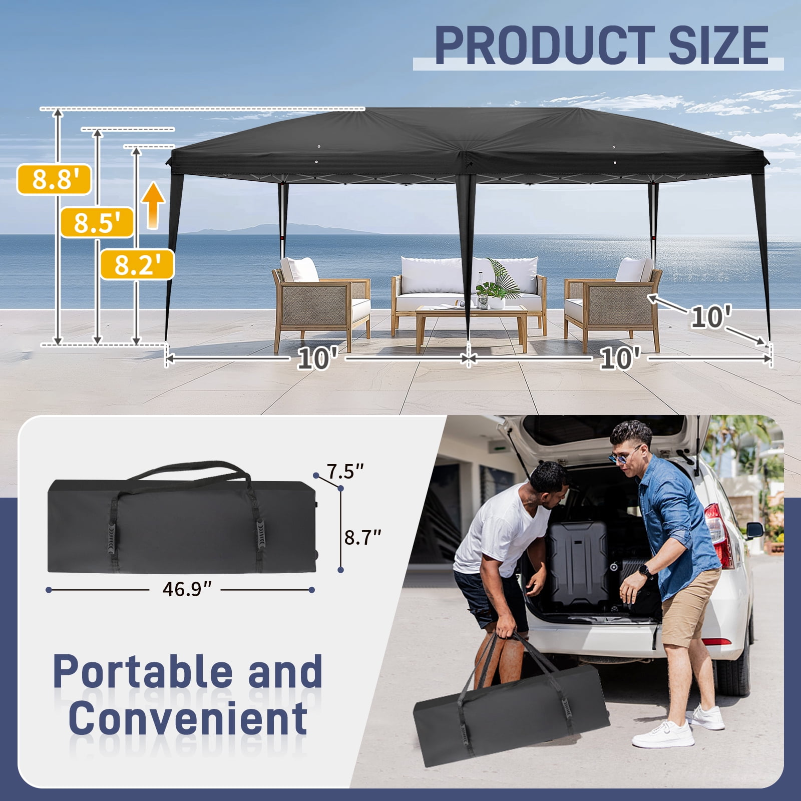 10'x20' Instant Pop Up Canopy Tent Black, No Sidewalls, 28/22mm Powder Coated Steel Frame, 10x20mm Crossbar, 210D Oxford Folding Outdoor Tent with Carry Bag, No Sandbags