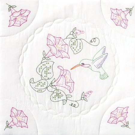 - Jack Dempsey Hummingbird And Morning Glories Stamped White Quilt Blocks, 18