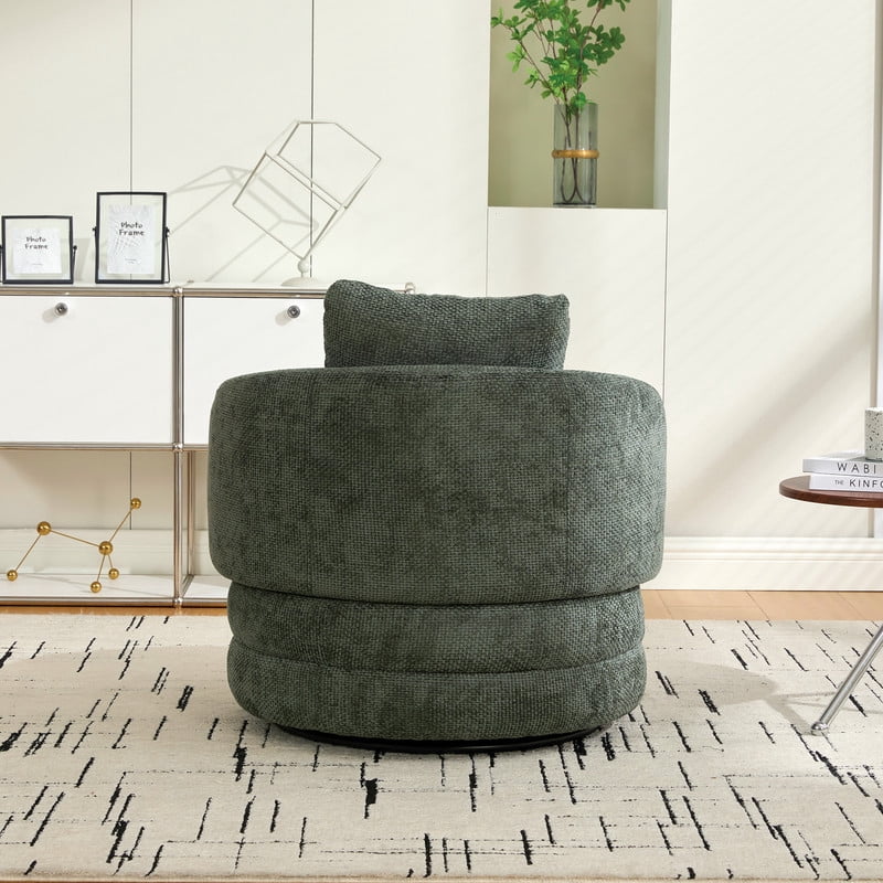 360° Modern Swivel Barrel Accent Chair, Chenille Upholstered Lounge Armchair with Pillow, Comfy Round Sofa Reading Chair for Living Room, Bedroom, Green