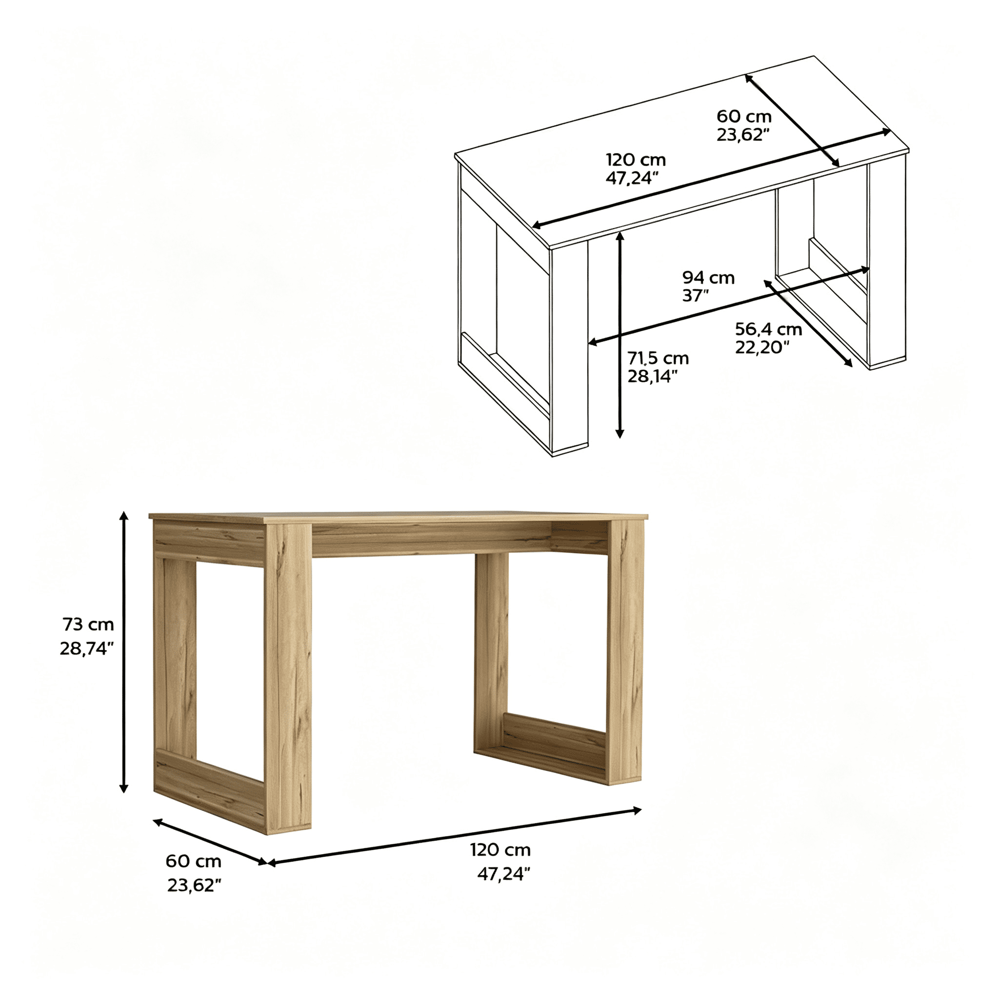 Asteroutdoor Computer Desk Albion, Light Oak Finish, 47.2 in Wide Worksurface, 23.6 in Deep, 24.1 in Legroom, Particle Board