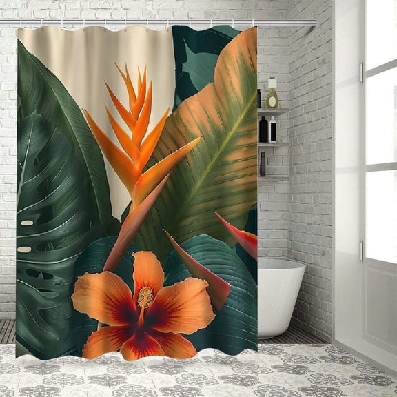 Orinice  Tropical Shower Curtian Bird of Paradise Flower and Palm Leaf Bath Curtain Retro Hawaii Bathroom Decor with Hooks 72"×72" Brown 36x72