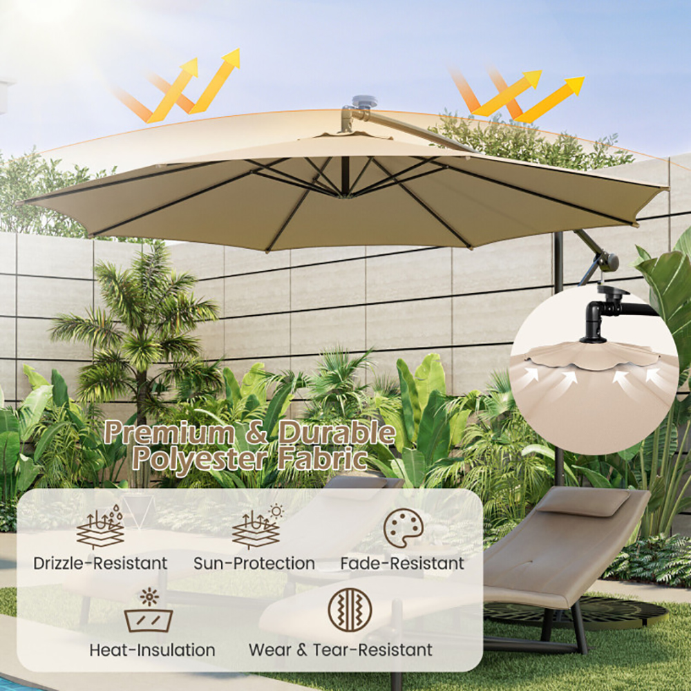 Aimee Lii 10 Feet Patio Offset Umbrella with 112 Solar-Powered LED Lights, Sunbrella Patio Umbrellas, Beige