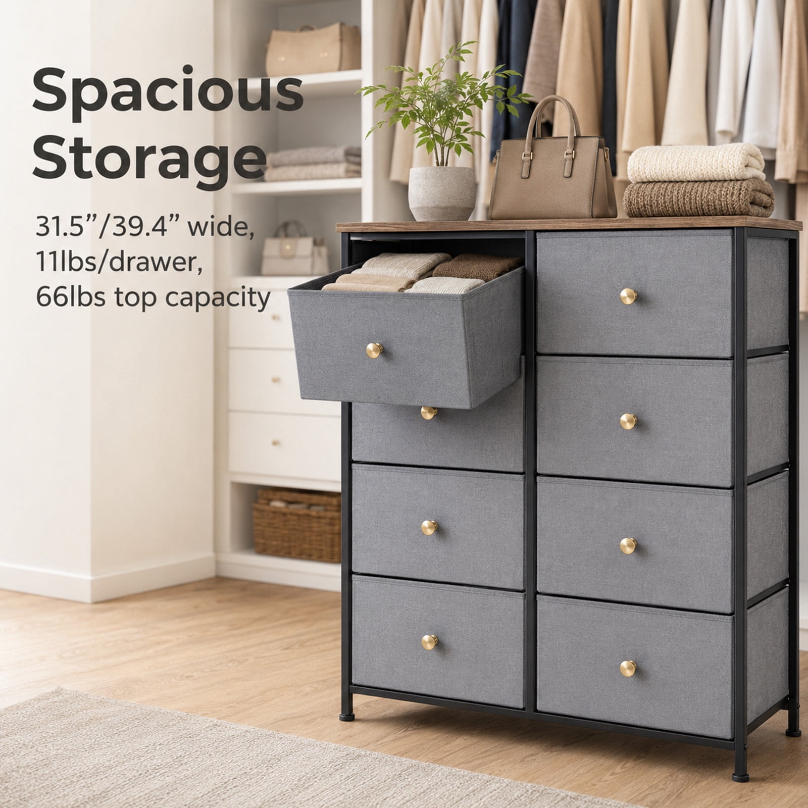 Alvantor 8/9 Drawer Fabric Dresser, Storage Tower for Bedroom and Closet, Chest of Drawers with Sturdy Steel Frame & Wooden Top for Living Room, Entryway