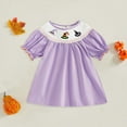 thumbnail image 2 of KPOPLK Kids Baby Girl Outfit Short Puff Sleeve Plaid Pumpkin Embroidery Smocked Dress Toddler Fall Dress(3-4 Years,A101-Dark Purple), 2 of 6