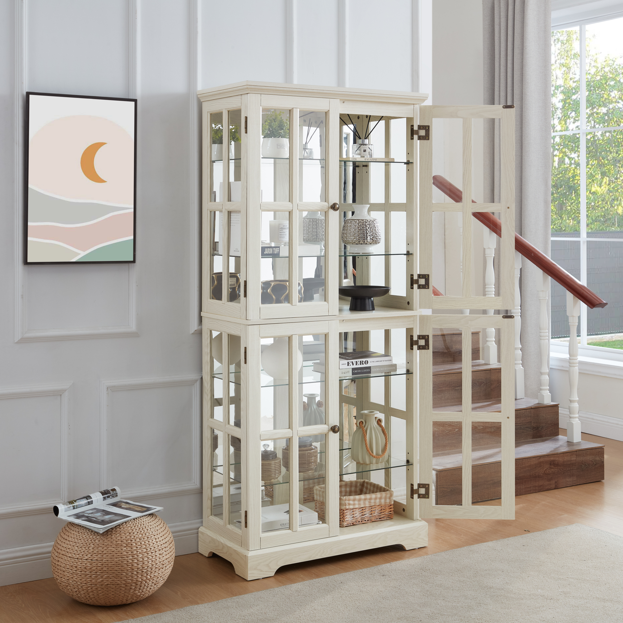 Leumius Curio Display Cabinet,Antique Display Cabinet with Glass Doors Adjustable Shelves for Collectibles Four Door Design Vintage Showcase for Home or Office White