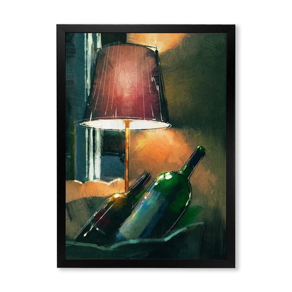 Designart 'Lamp Glowing Orange In The Night and Wine Bottles' Modern Framed Art Print