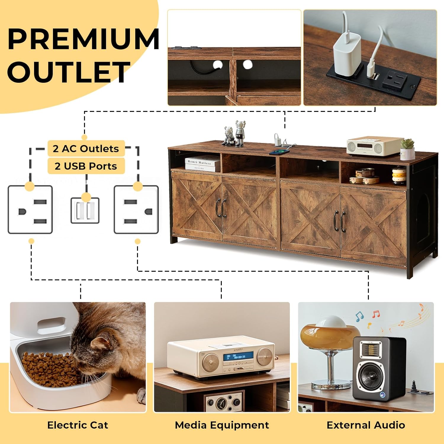 JanflyHome Cat Litter Box Furniture, 63 Inch TV Stand 2 Cats Double Litter box Enclosure Hidden Washroom TV Stand, Vintage Brown