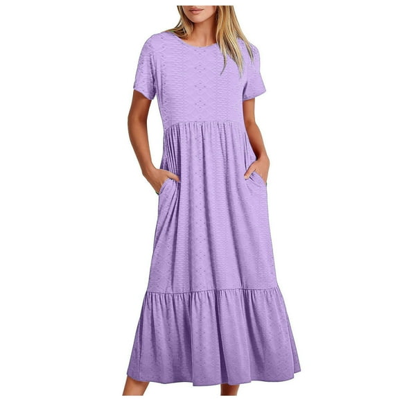 Under 10,Women's Fashion Round Neck Short Sleeve Printed Dress,Trendy Round Neck Printed Short Sleeve Dress, Ideal for Casual Summer Fashion Breathable Fabric|95%Polyester+5%Spandex,Purple