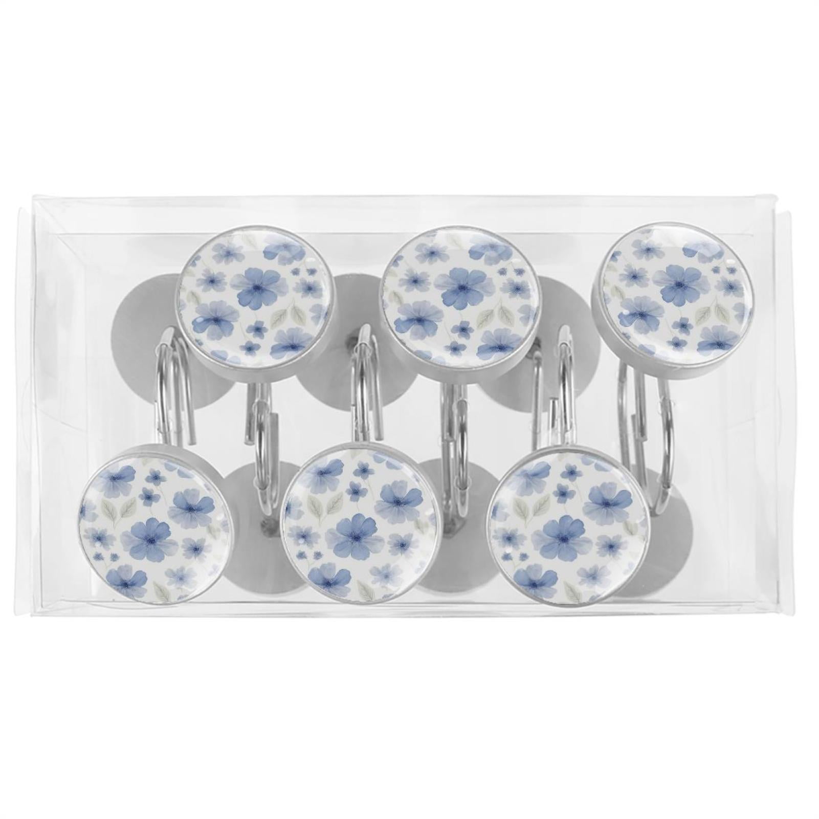 HemaKayy 12 Pcs Shower Curtain Hooks Bathroom Decorative Accessories Elegant Blue Flowers Transparent