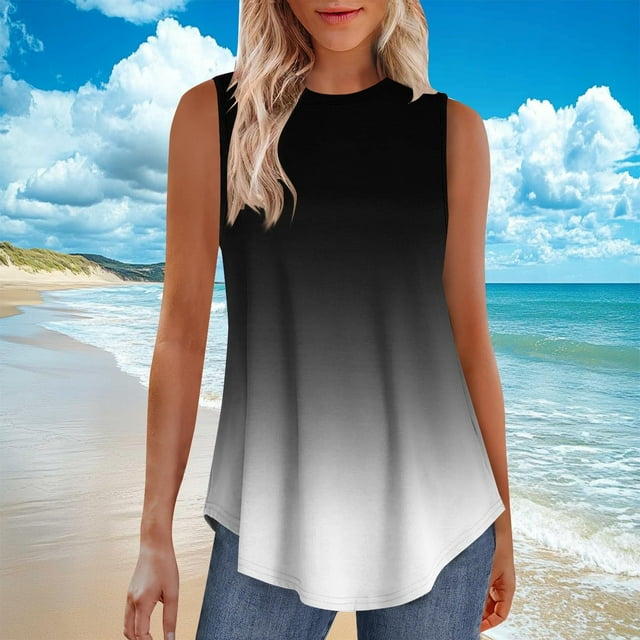 LOVZFMLL Camisoles pour Femmes à Imprimé Dégradé Sans Manches à Col Rond Chandail Décontracté Mode Camisoles