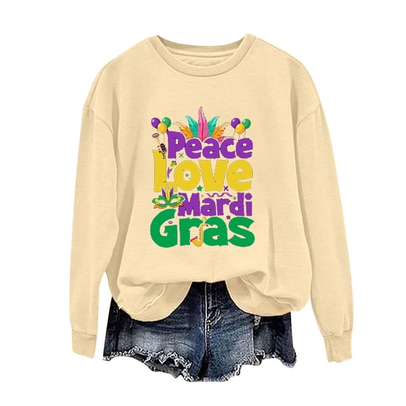 HaoXianJian Womens Mardi Gras Shirts Long Sleeve Crew Neck Shirts Cute Graphic Top for Women 2025 Loose Fits T Shirt Summer Tee Shirts Going Out Top