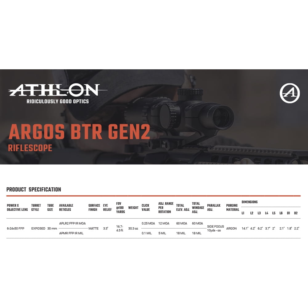Athlon Optics Argos BTR GEN2 6-24X50 First Focal Plane Riflescopes APMR FFP IR MIL