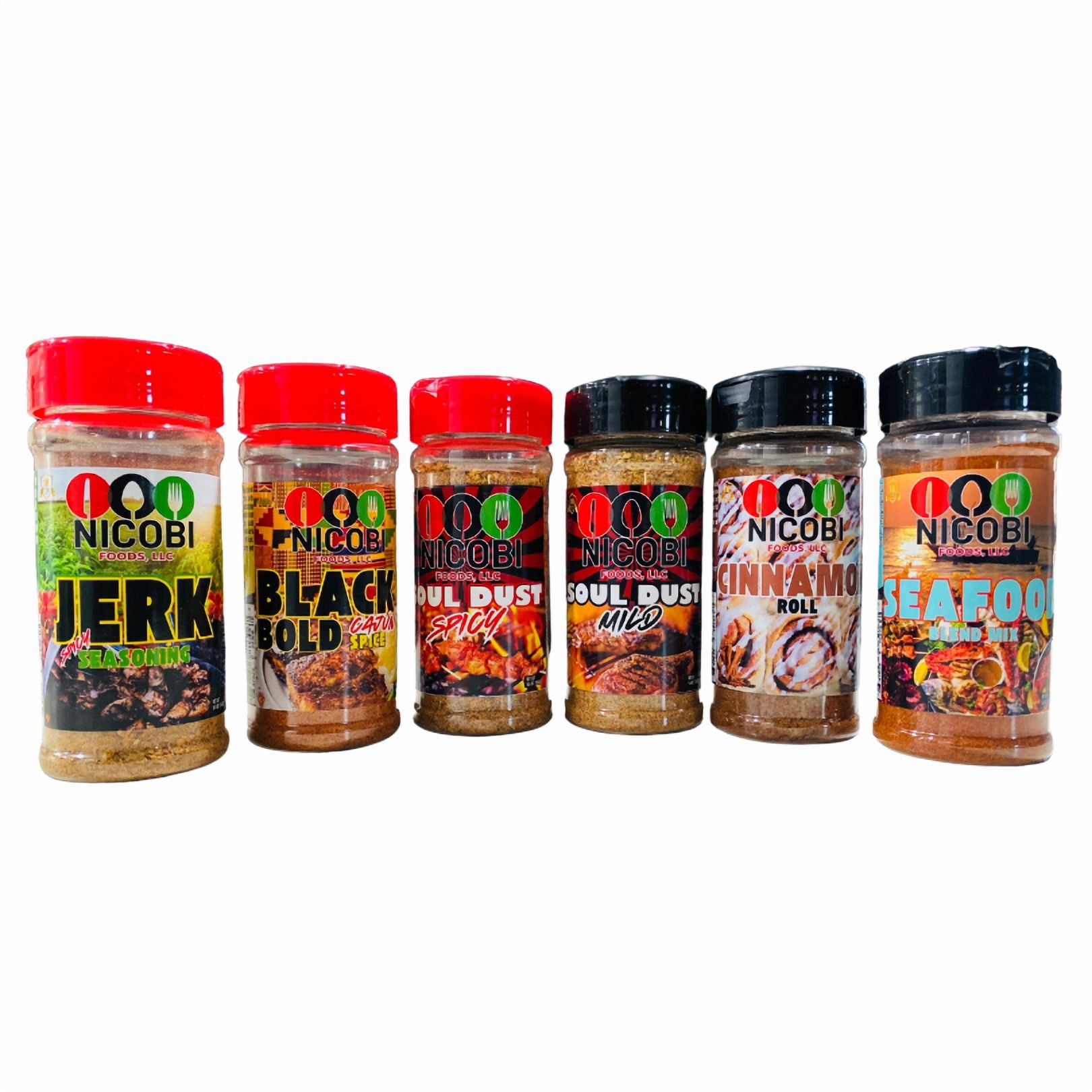 Nicobi Foods Full Spice Pack – Soul Dust Mild, Soul Dust Spicy, Black-N-Bold Cajun, Seafood Blend, Jerk Seasoning, Cinnamon Roll Spice, Complete Flavor Collection (5 oz each)