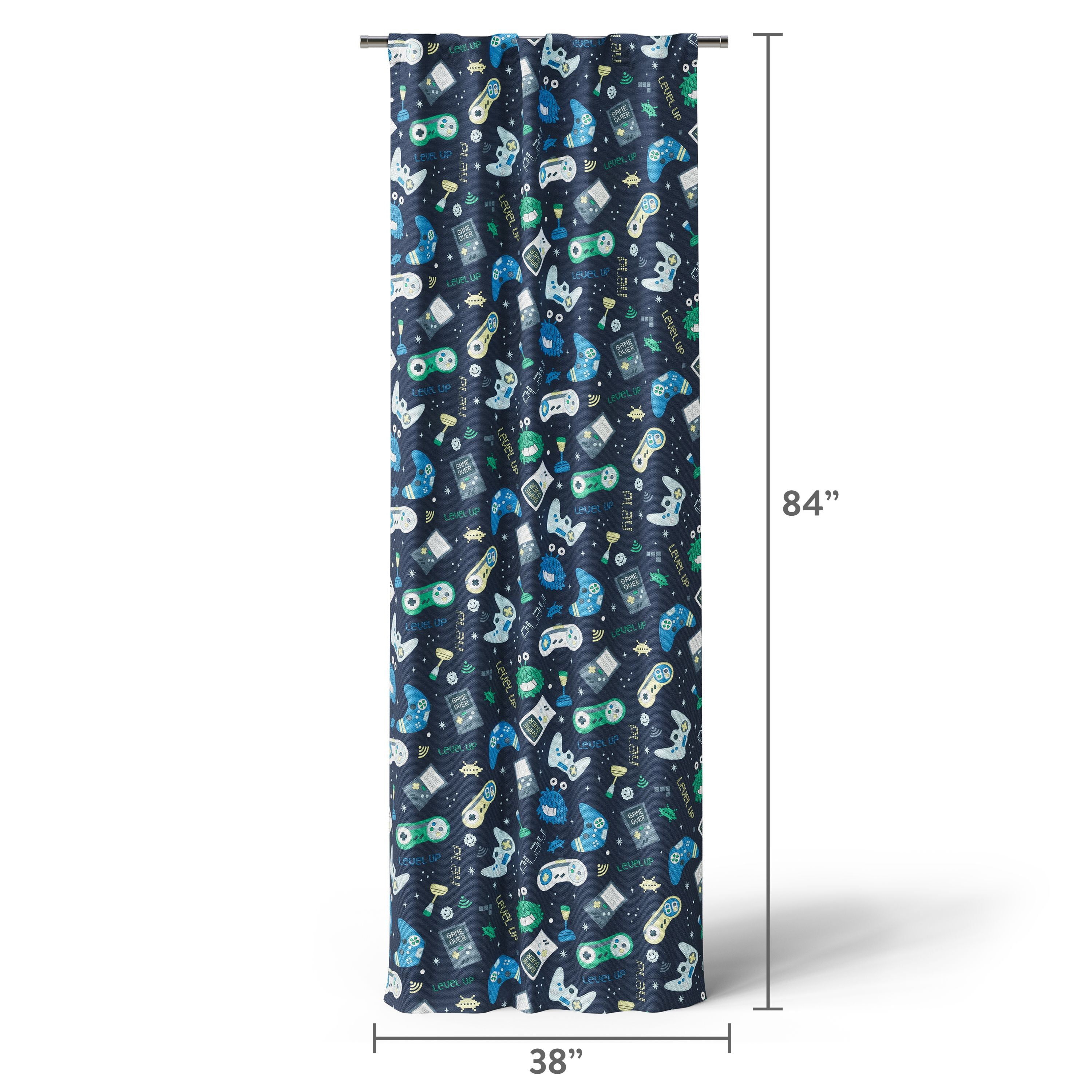Mainstays Kids Navy Blue Printed Glow in the Dark Blackout Rod Pocket with Back Tabs Single Curtain Panel, Gamer Print, 38" W x 84" L