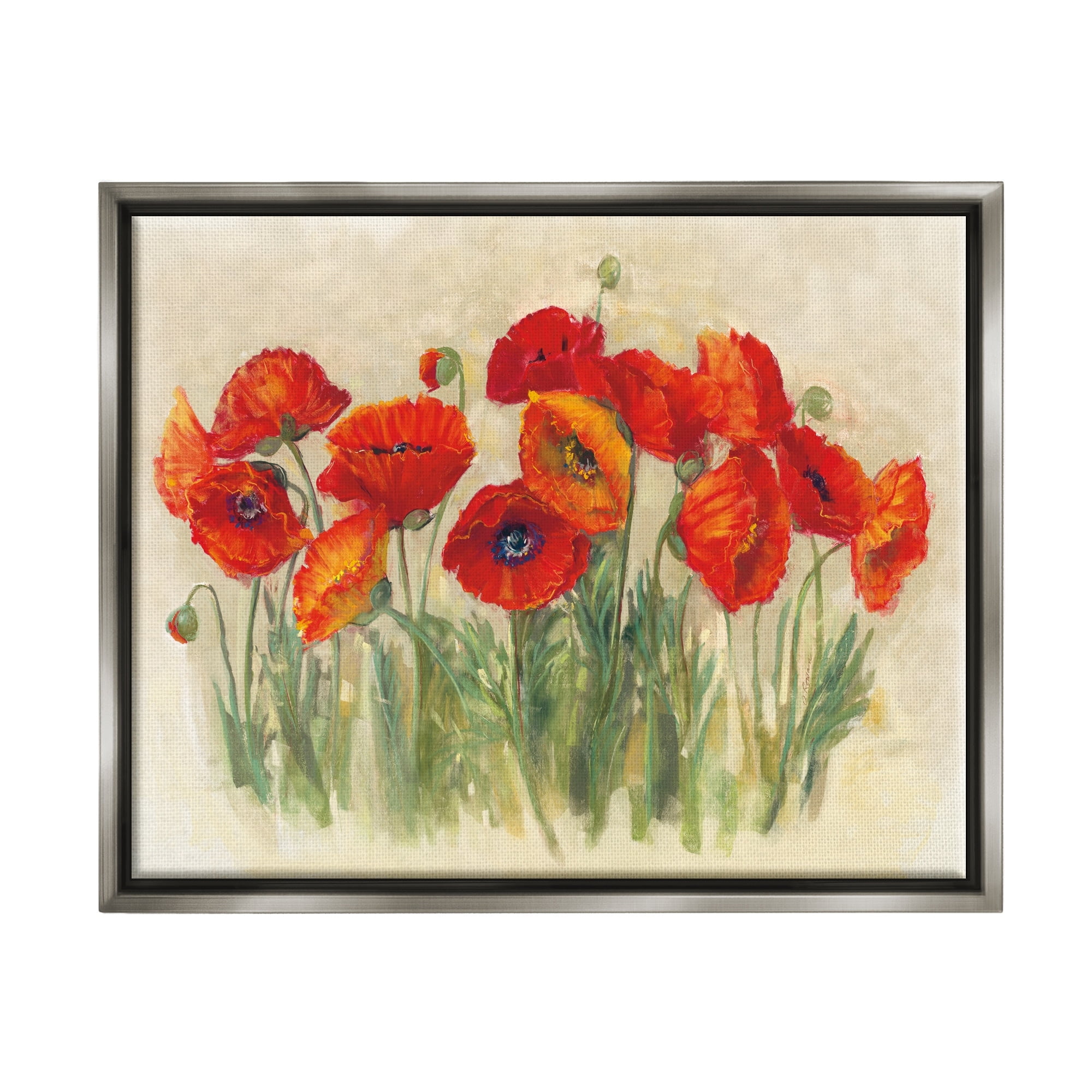 Stupell Industries Red Poppy Florals Soft Green Meadow Grass Luster Gray Framed Floating Canvas Wall Art, 24x30, by Carol Rowan