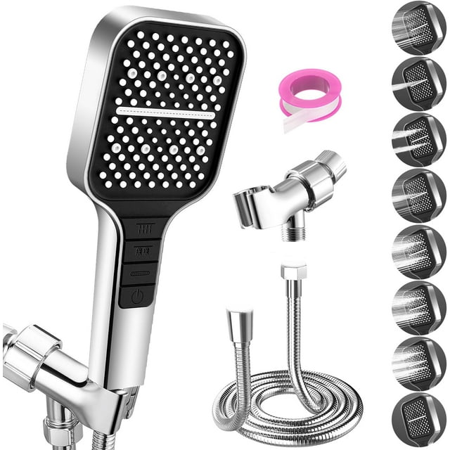 VEHHE Shower Head with Hose 1.5M, 7 Spray Modes Shower Head Rain Shower with Stop Button, Water Saving Square Shower Head with Adjustable Universal Bracket (Silver)