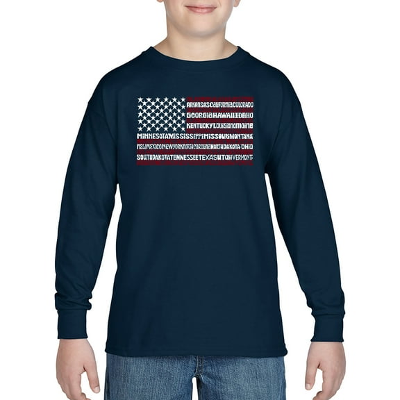 Boy's Word Art Long Sleeve - 50 States USA Flag