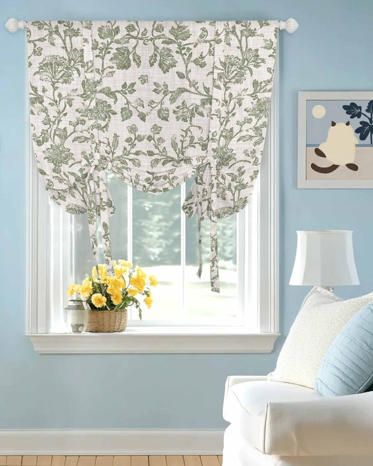 Spring Flowers Tie Up Curtains for Window, Thermal Insulated Balloon Shade Adjustable Rod Pocket Curtains Valance Panels for Kitchen Bathroom Cafe 42 x 45 Farmhouse Sage Green Pastoral Floral Leaf