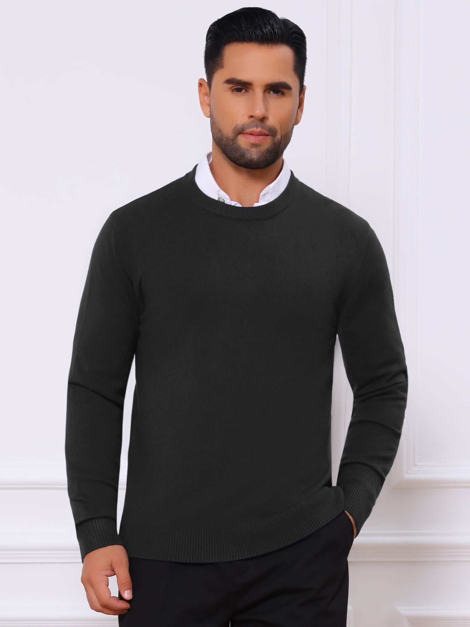 DARING DIVA Men's Solid Crew Neck Long Sleeve Soft Knit Pullover Sweater S Black