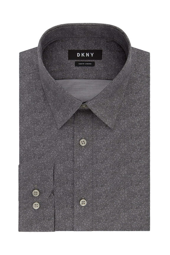 Men's Slim-Fit Stretch Gray Print Coal Dust Dress Shirt[ 18 34/35]