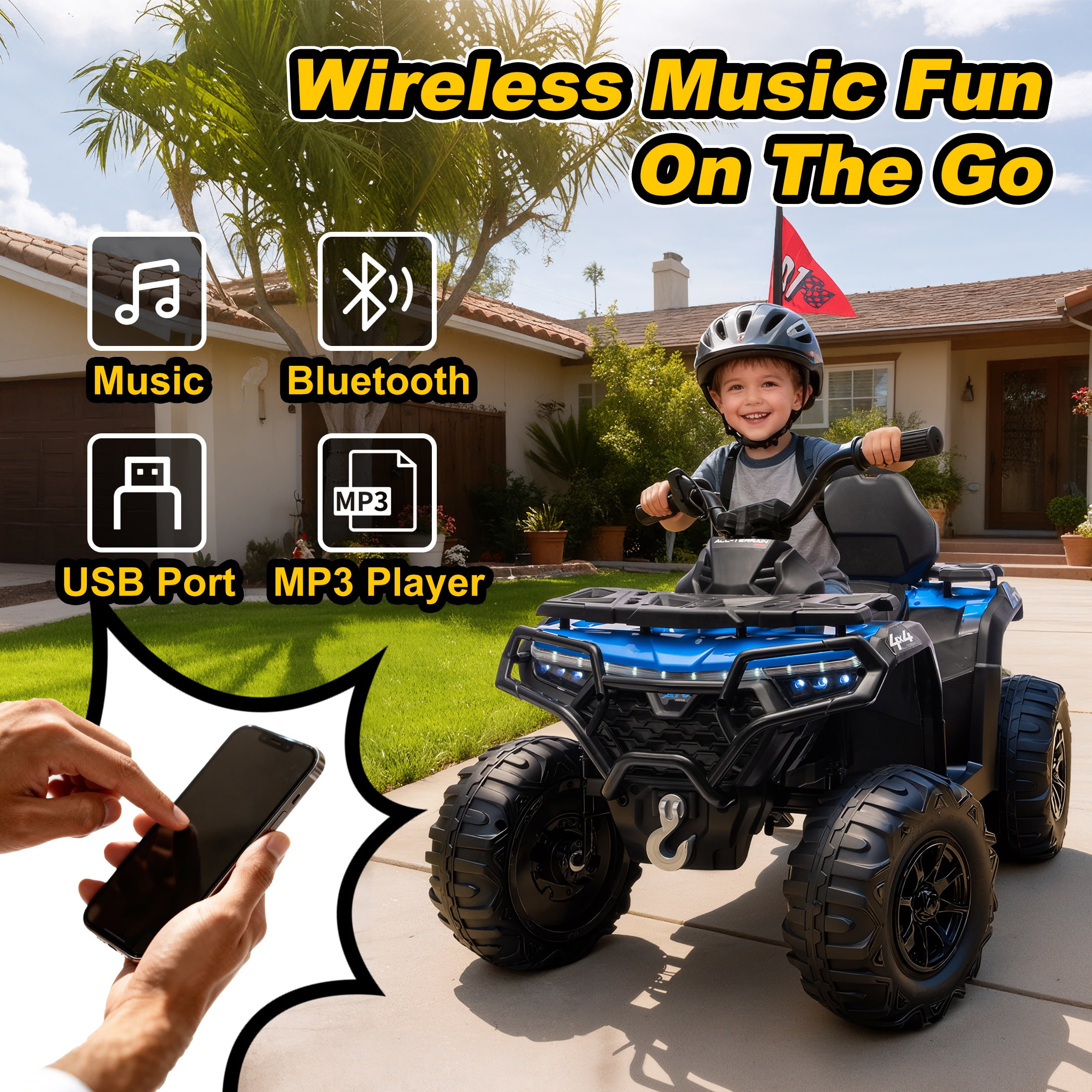 iRerts 24V Ride on ATV, Powered Ride on Toys Kids 4 Wheeler for Boys Girls Ages 3-6 Gifts, Kids Ride on Car Electric Vehicle with Bluetooth, Music, USB Port, Multi-Color Lights, Blue