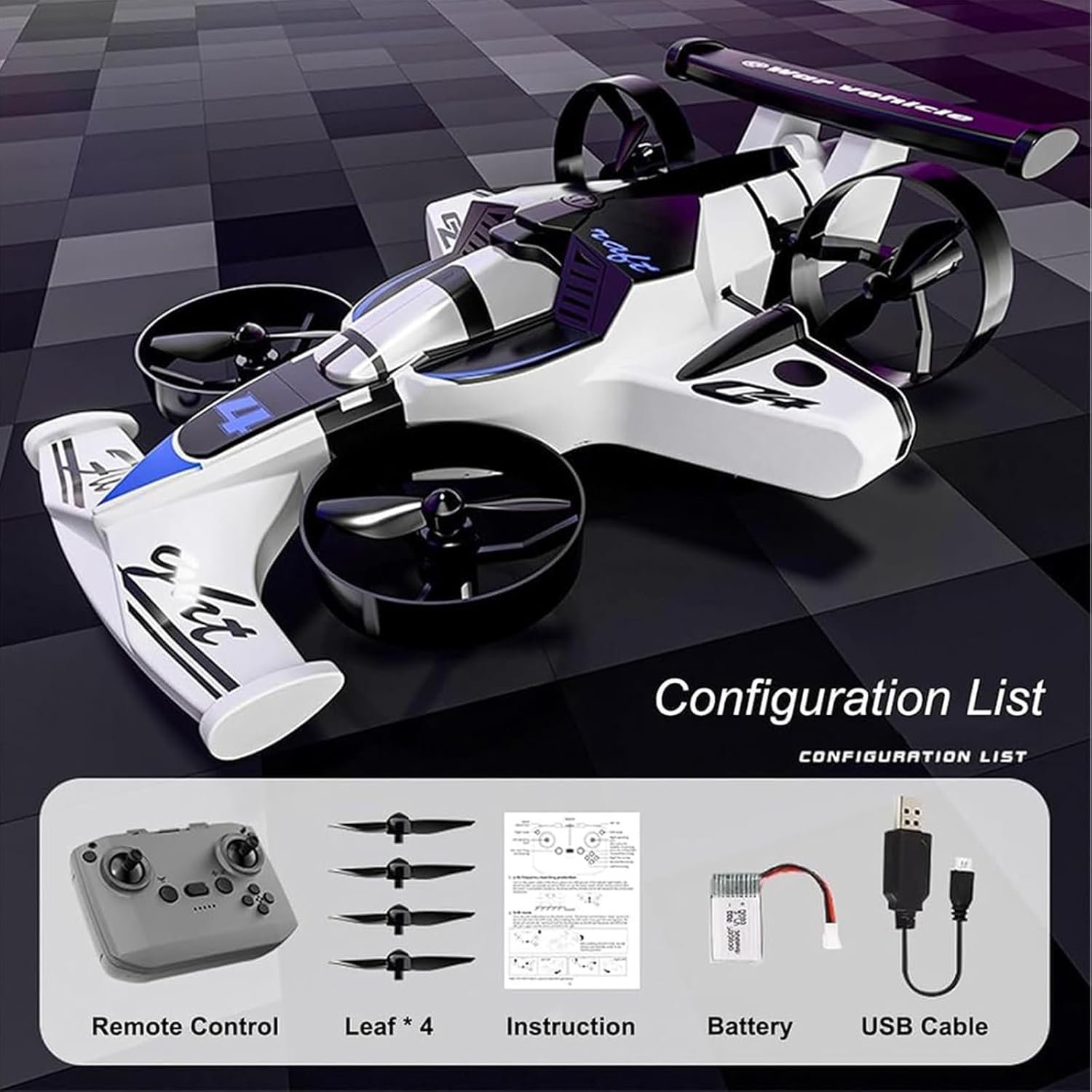 Rechargeable Dual-Mode Car Drone, 2-in-1 Flying Remote Control Car, Dual-Mode Rc Vehicle with LED Lights, One-Button Takeoff, Stunt Flips, USB Rechargeable Ground & Air Remote Control Toy (White)