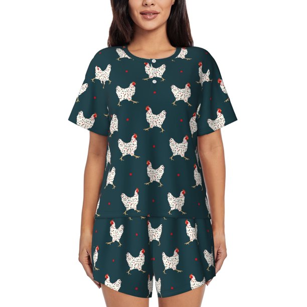 Balery Funny Chicken Conjunto de Pijama para Mujer con Estampado, Dos Piezas de Manga Corta y Shorts, Ropa de Dormir Suave con Cuello Redondo y Bolsillos-4X-Large