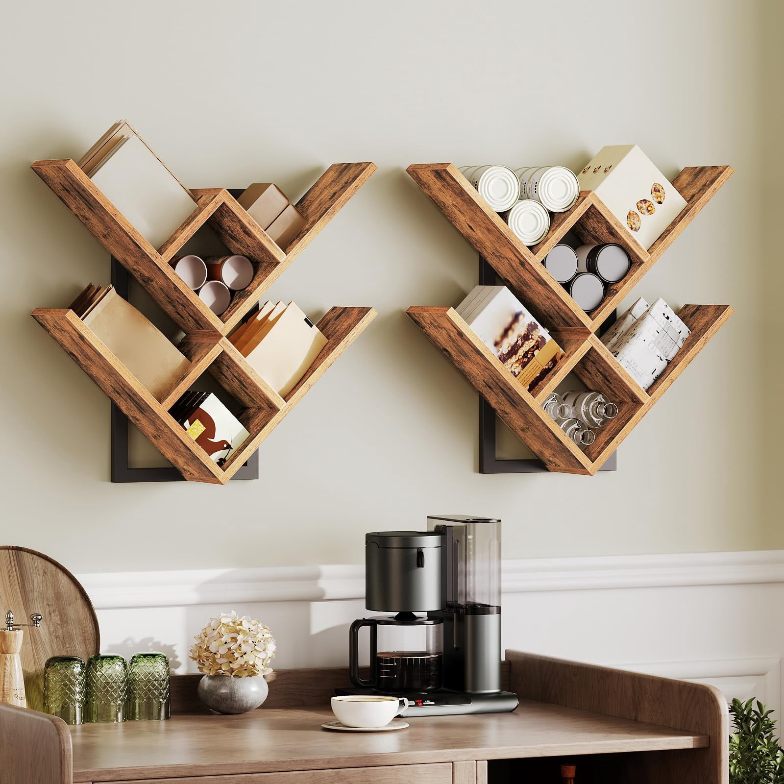 Floating Shelves For Wall  Set Of 2 Mounted 2-tier Wooden Tree Bookshelf Hanging Storage Rack Living Room Kitchen Office Rustic Brown And Black Bf54bjp201