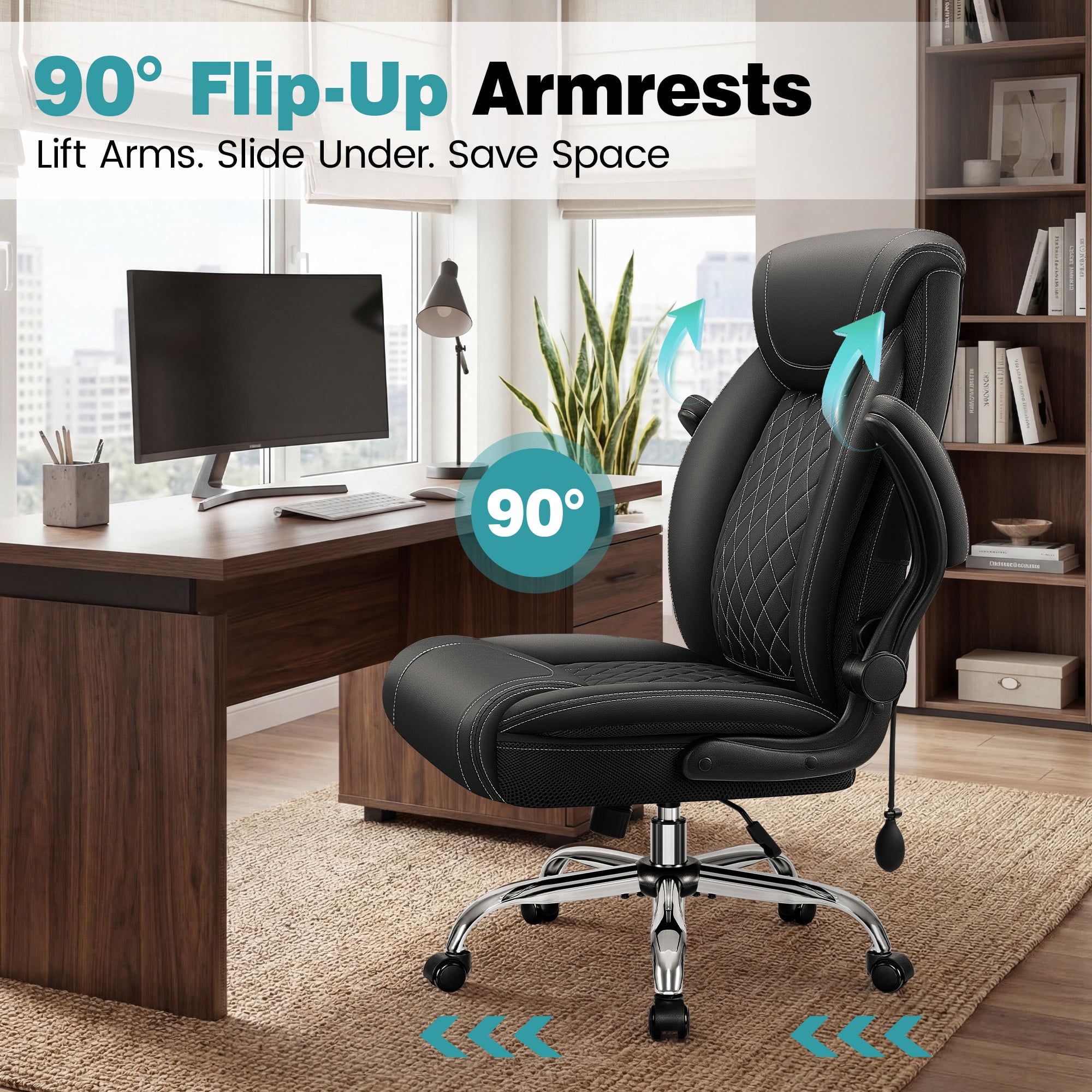 ATHOPE Leather Office Chair, Executive Desk Chairs with Flip-up Padded Armrests, Big and Tall Office Chair with Wheels, Ergonomic Computer Chair with Lumbar Support for Home Office, Black