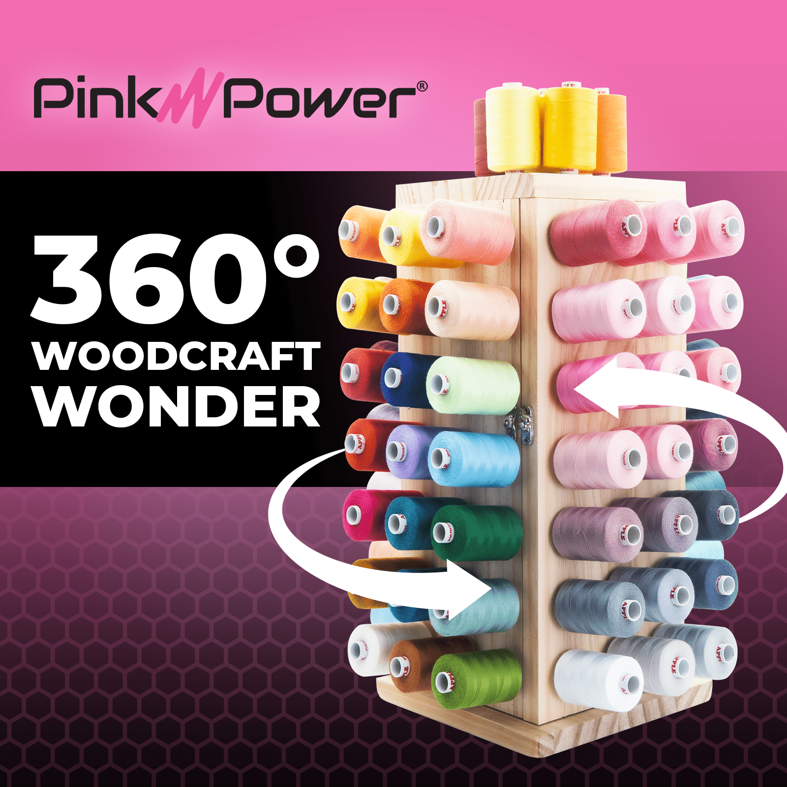Pink Power 84 Spools Thread Holder Stand - 360° Full Rotating 15" Wooden Thread Rack Sewing Accessories Organizer